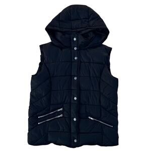 Black Puffer Vest Hooded Women's Small Quilted Zip Gorpcore Utility Edgy Grunge